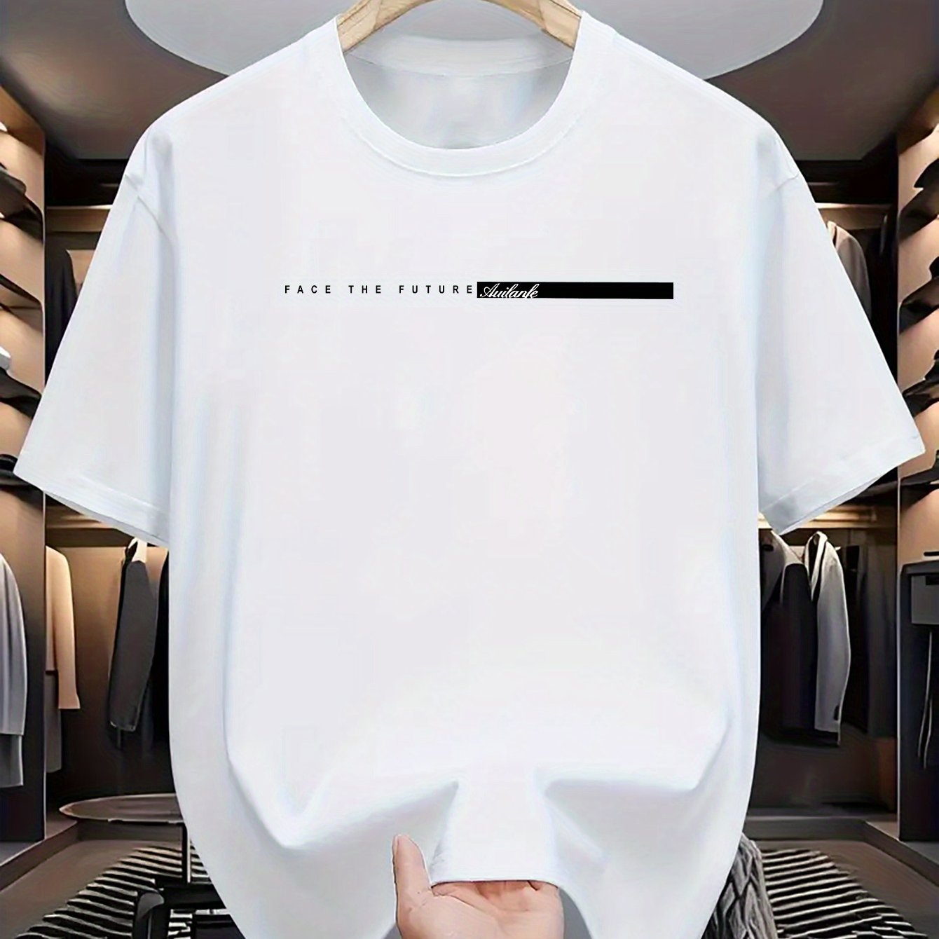 Summer men's 100% cotton casual loose fit large letter print round neck