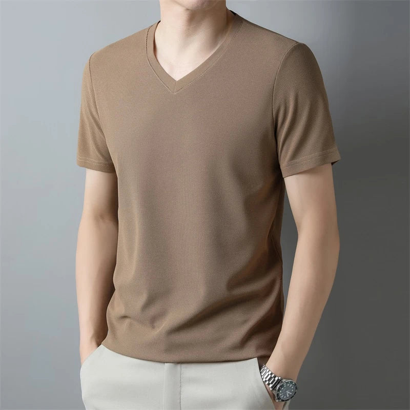 2024 Men's New Waffle V Neck Short Sleeved T-shirt Summer