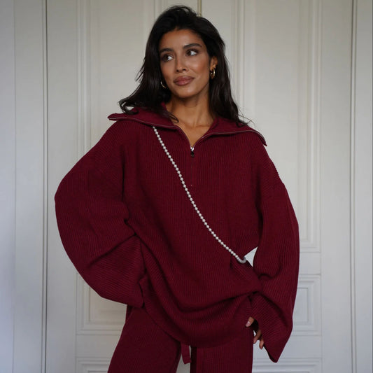 Woolen Suit Solid Color Half Zip Top Two Piece Set