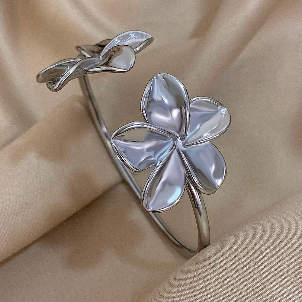 Stainless Steel Double Flower Cuff Bracelet Bangle