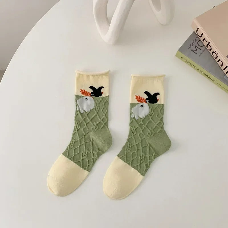 Women Socks Korean Japanese Style Cartoon Green Flower