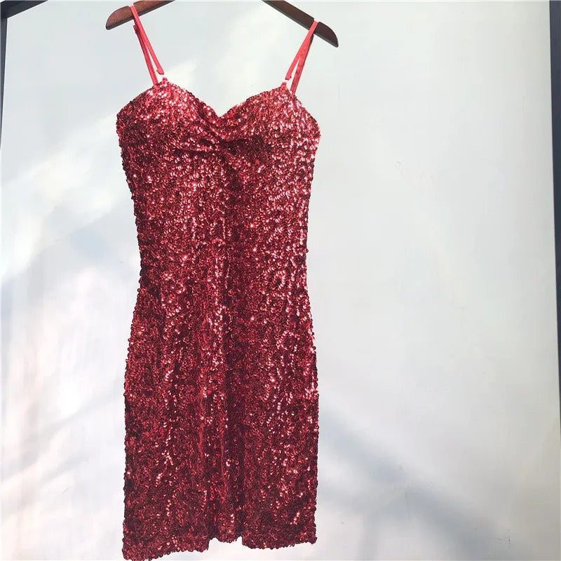 Women Sequined Strap Dress Summer Sexy Elegant Backless Party Dress