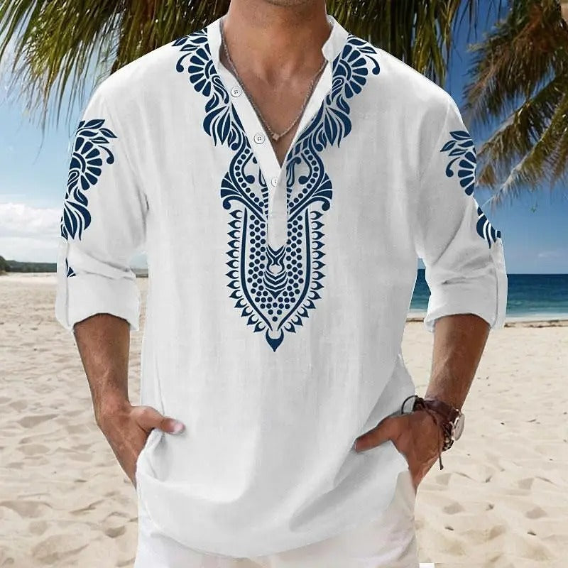 Autumn Henley Shirts Ethnic Style 3D Print Tops Blouse Men's