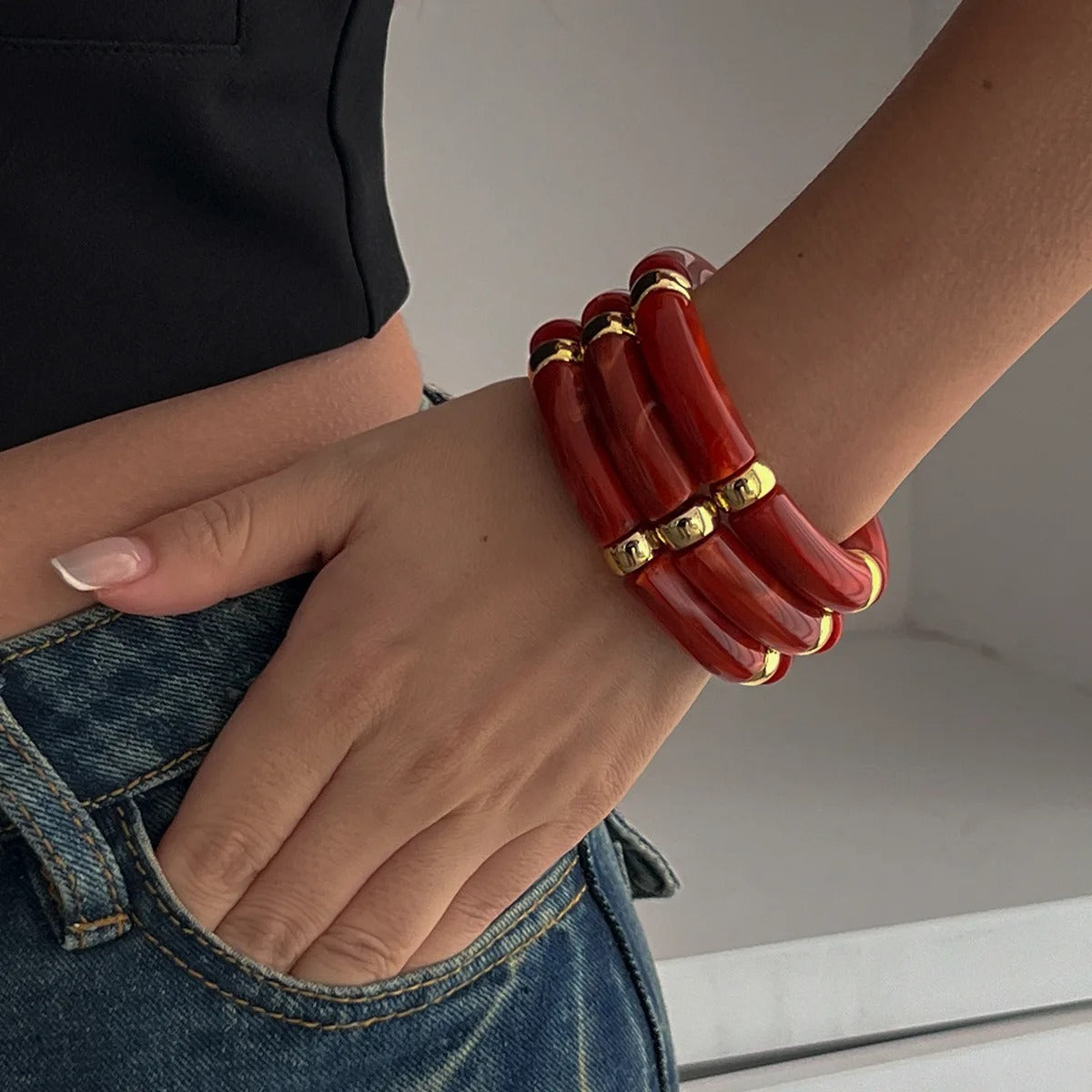Vintage Acrylic Bamboo Beads Bracelet for Women