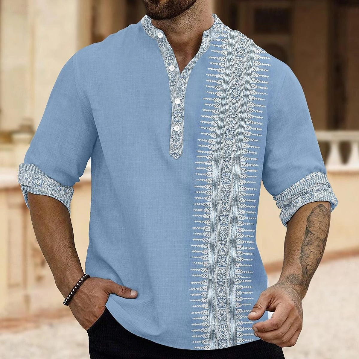 Autumn Henley Shirts Ethnic Style 3D Print Tops Blouse Men's