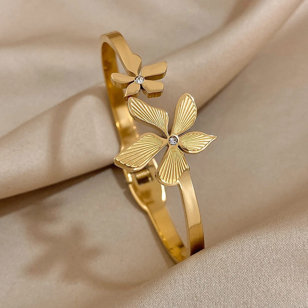 Stainless Steel Double Flower Cuff Bracelet Bangle