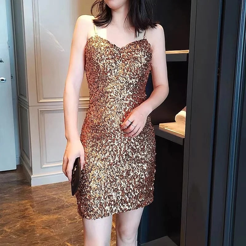 Women Sequined Strap Dress Summer Sexy Elegant Backless Party Dress