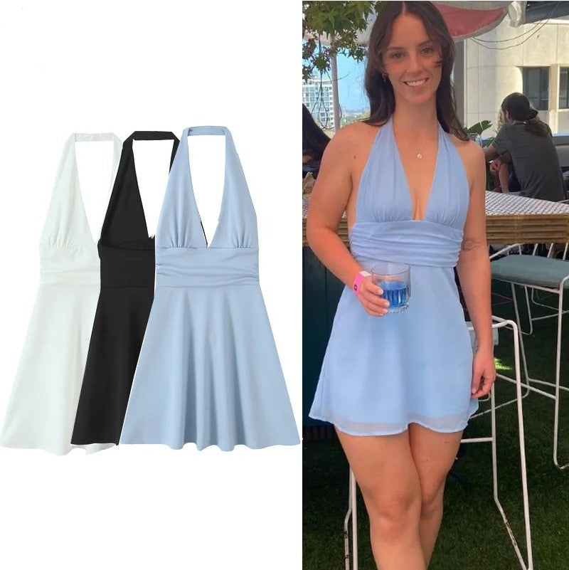 Halter Short Dresses 2025 Woman Summer Off Shoulder Pleated