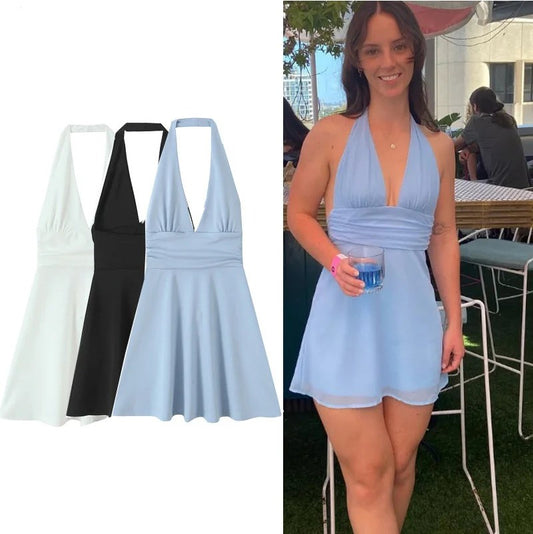 Halter Short Dresses 2025 Woman Summer Off Shoulder Pleated