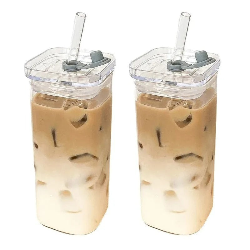 1Pcs Square Heat Resistant Coffee Glass Cup With Lid and Straw Transparent