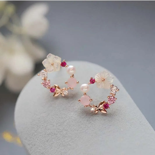 Pink Crystal Flower Pearl Butterfly Ear Studs