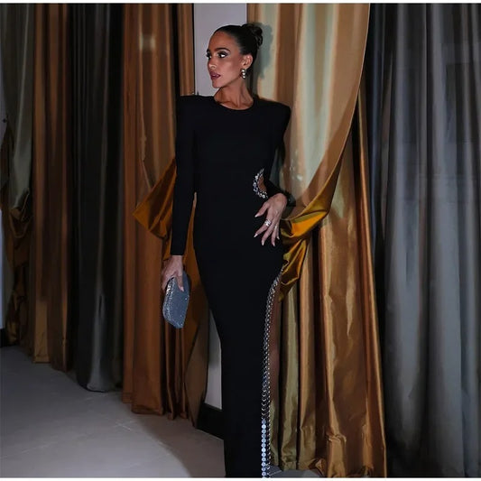 Elegant Sequin Shoulder Pad Black Long Dress For Women