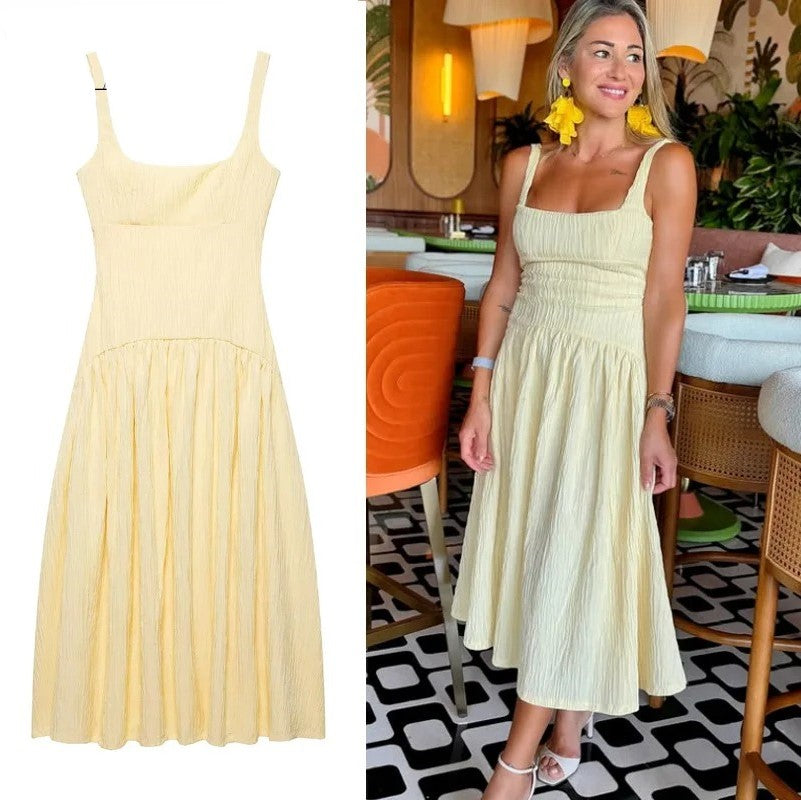 Sleeveless Midi Dresses 2025 Woman Summer Slip Yellow Dress