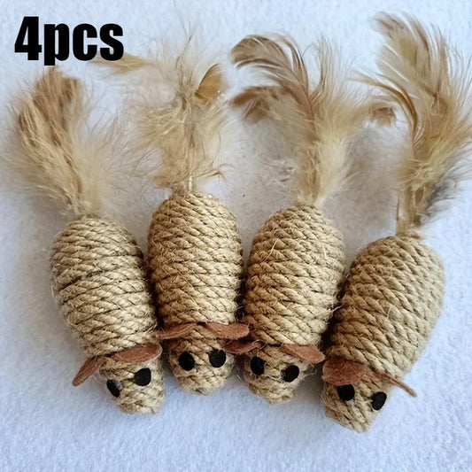 4pcs Sisal False Mouse Cat Toy Mouse Teasing Bite Toy Interactive