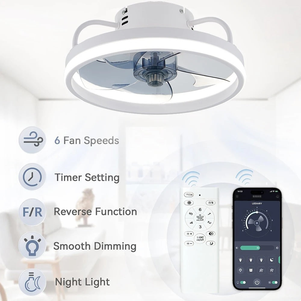 Modern LED ceiling fan with adjustable two-way blade timer and remote control tri-color