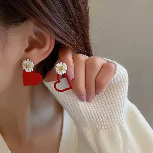White Flower Red Heart Earring Stud Neon