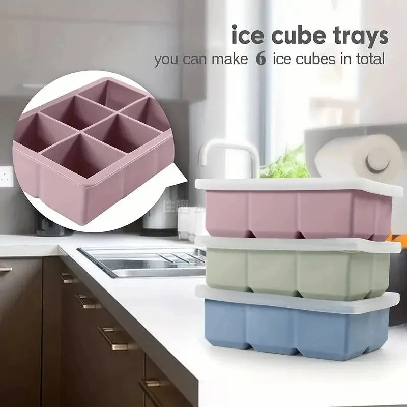 1PC 6 Cavity Silicone Ice Cube Tray with Lid Food Grade