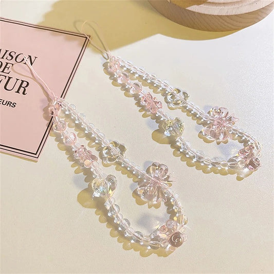 Korean Pink Bear Butterfly Flower Phone Strap Charm Chain Knot