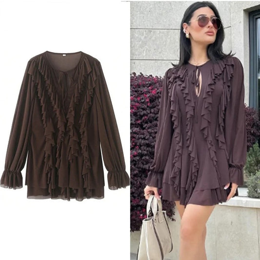 Ruffle Short Dresses 2025 Woman Pleated Long Sleeve Women's