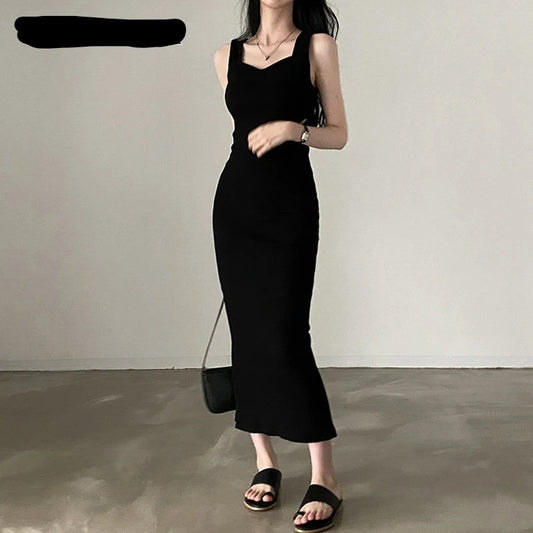 Basic Knit Long Dress Korean Fashion Square Collar Sleeveless