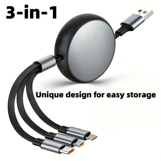 3 in 1 Retractable 100W Fast Charge Data Cable For iPhone, Samsung, Xiaomi ,Huawei