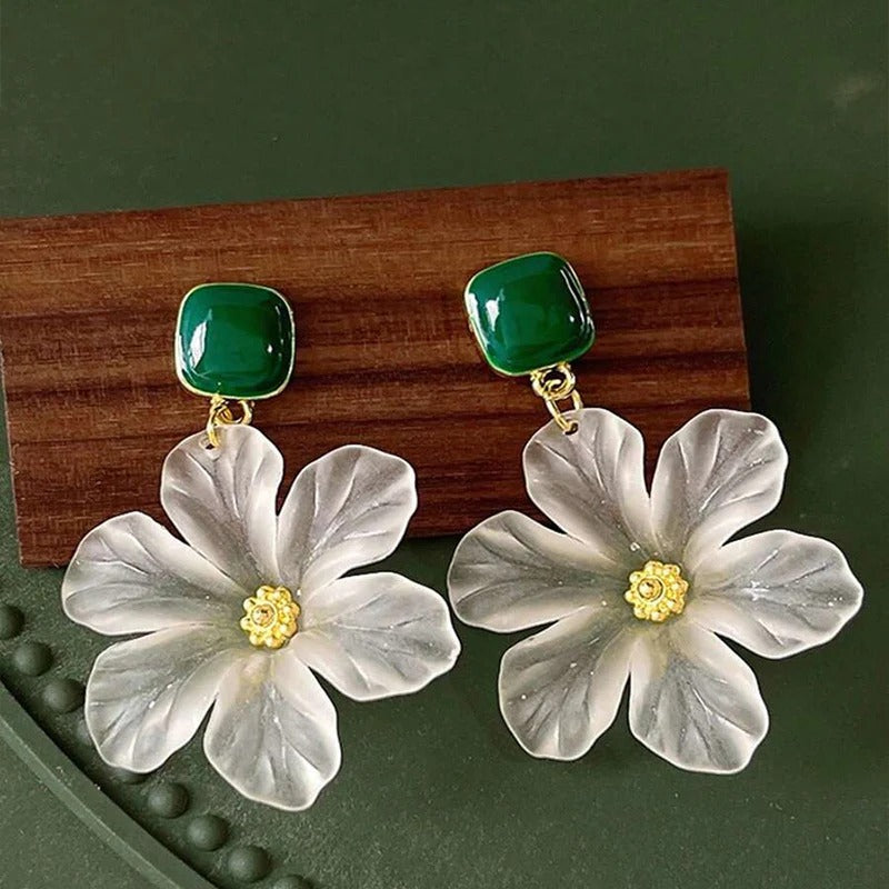 White Flower Charm Square Metal Green Epoxy Drop Earrings