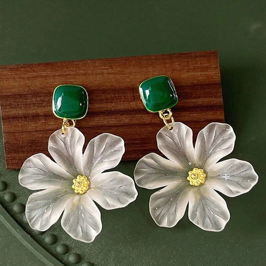 White Flower Charm Square Metal Green Epoxy Drop Earrings