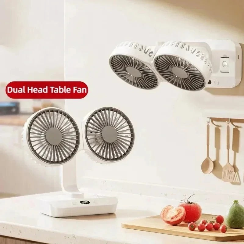 New Double Head Desktop Fan 4-Gears Wind Fast Cooling Digital Display 8000mAh