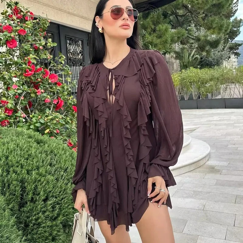 Ruffle Short Dresses 2025 Woman Pleated Long Sleeve Women's