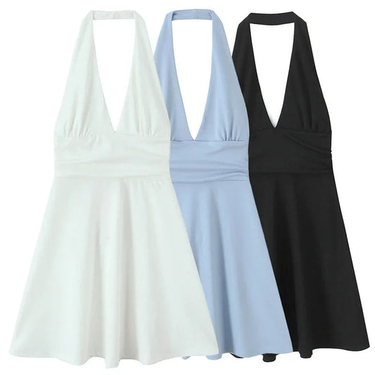 Halter Short Dresses 2025 Woman Summer Off Shoulder Pleated