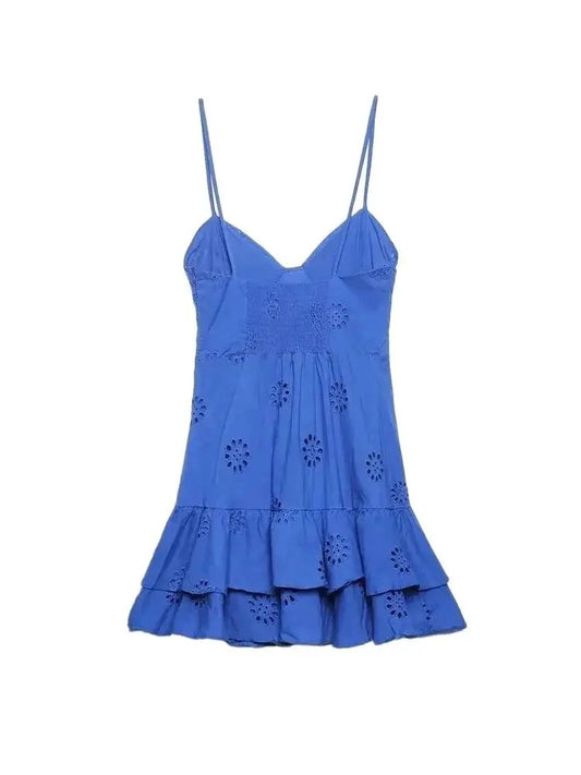 Women Fashion With Ruffled Cutwork Embroidery Mini Dress