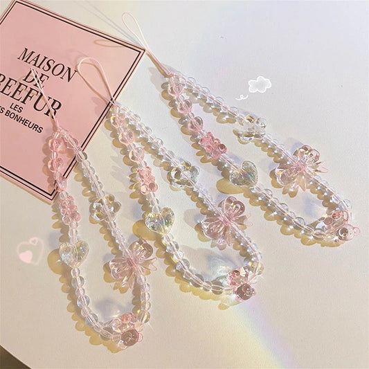 Korean Pink Bear Butterfly Flower Phone Strap Charm Chain Knot