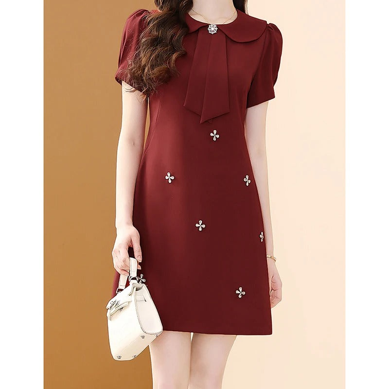 Woman Peter Pan Collar Solid Color Zipper A-line Skirt Light