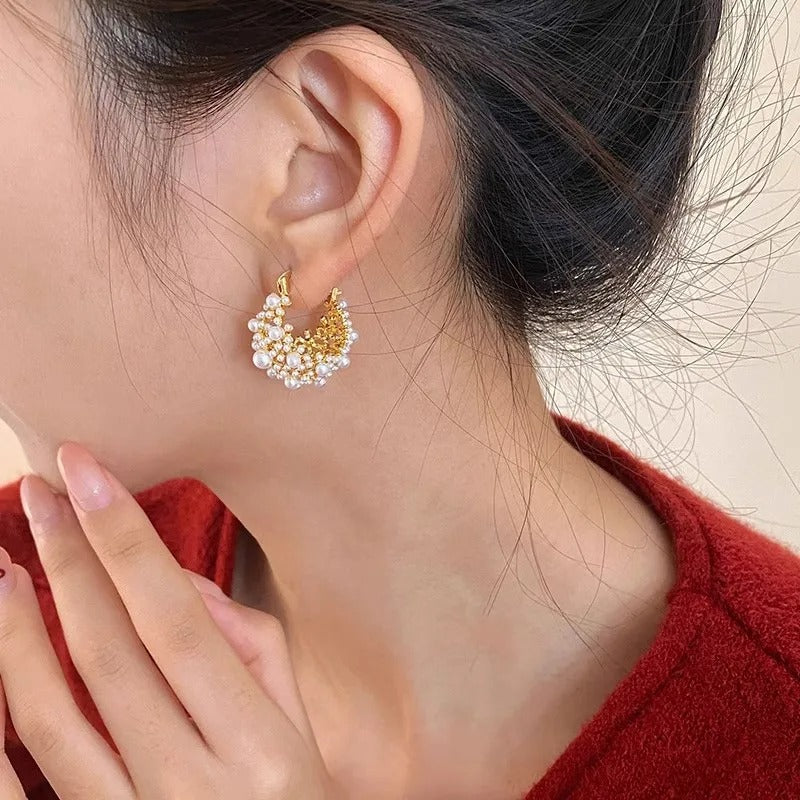 Irregular Metal Pearl Earrings European American Style