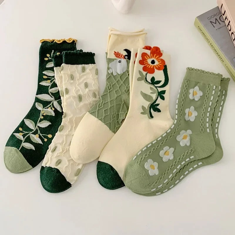 Women Socks Korean Japanese Style Cartoon Green Flower