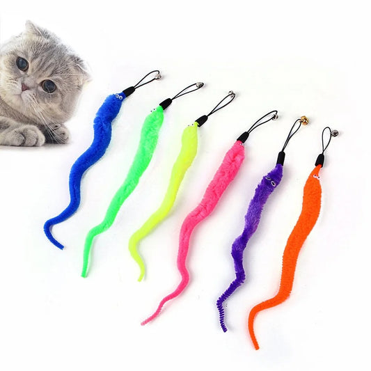 5Pcs Funny Cat Tickling Stick Plush Worms Teaser String with Bells
