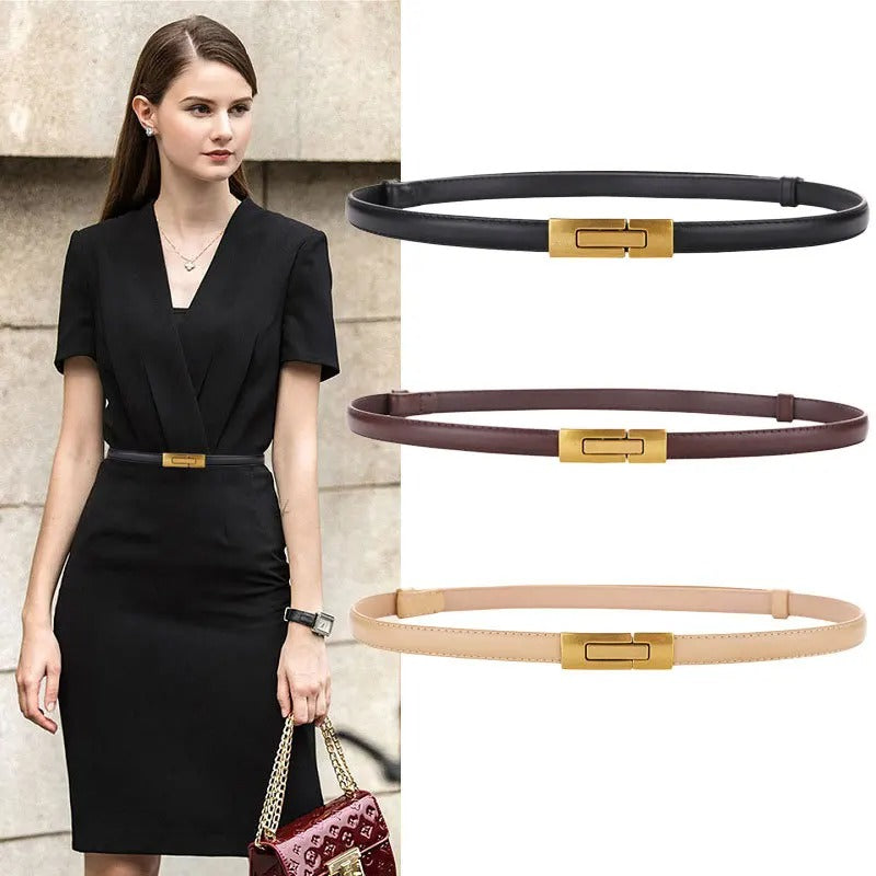 Women Skinny Patent Genuine Leather Slim Belt