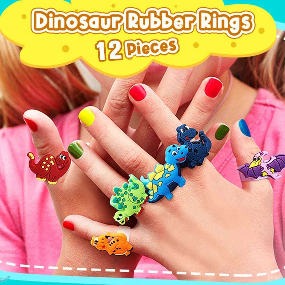 12pcs Cartoon Dinosaur Rubber Rings Soft Dino Ring Kids