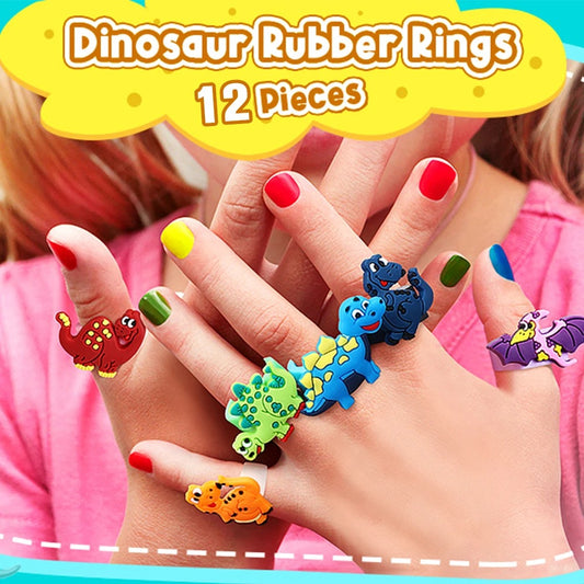 12pcs Cartoon Dinosaur Rubber Rings Soft Dino Ring Kids