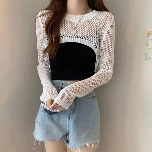 Women Crochet Knit Hollow Out Crop Top Long Flared Sleeve