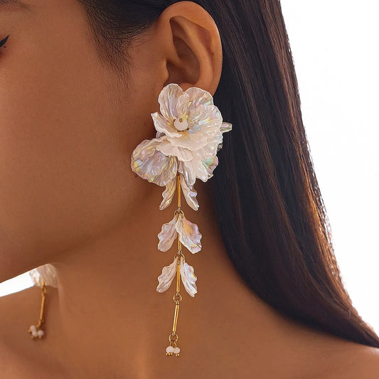 Elegant White Petal Flower Drop Earrings Women