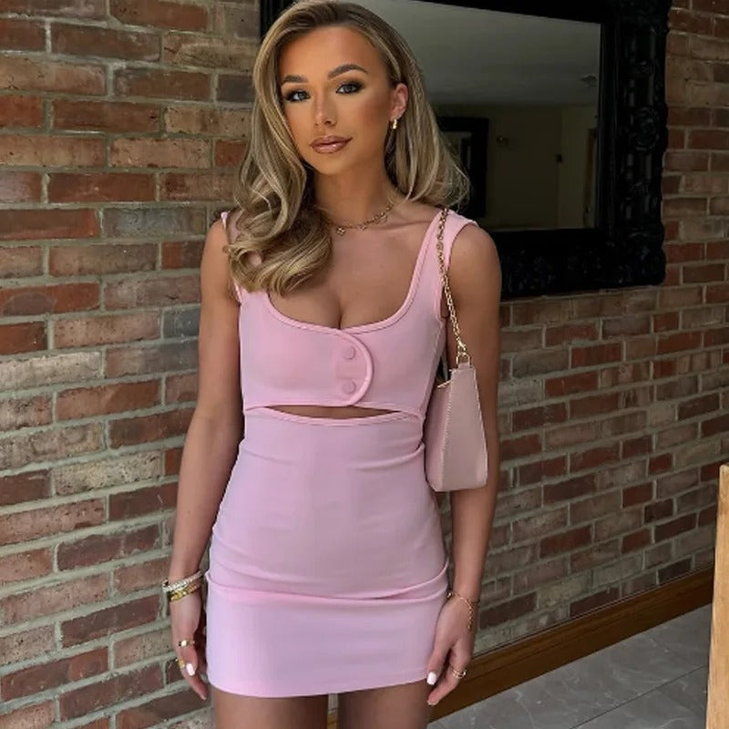 Cut Out Short Dresses 2025 Woman Summer Sleeveless Solid Party Dress