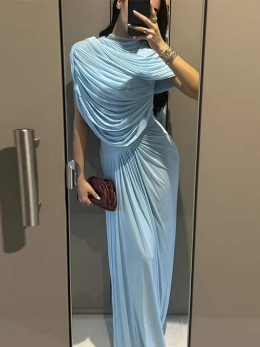 Shawl Long Dress Women Elegant Asymmetrical Chiffon Pleat Slim