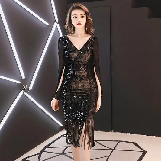 Party 2024 New Women's Black Sequin Dress Elegant Long Chifon