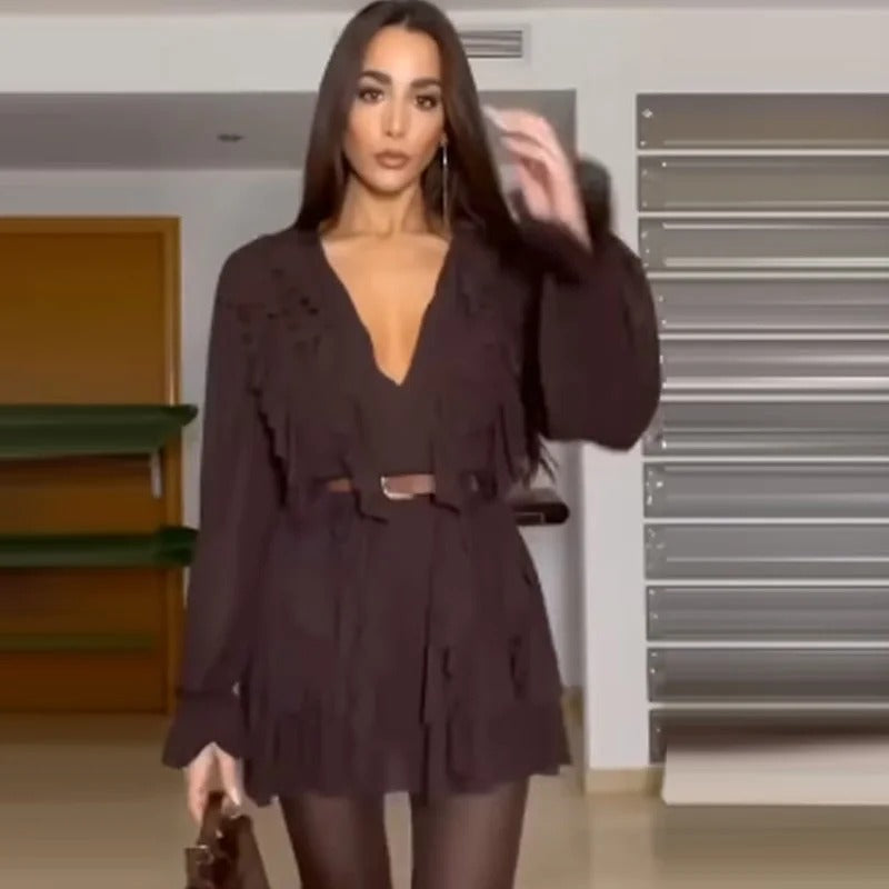 Ruffle Short Dresses 2025 Woman Pleated Long Sleeve Women's