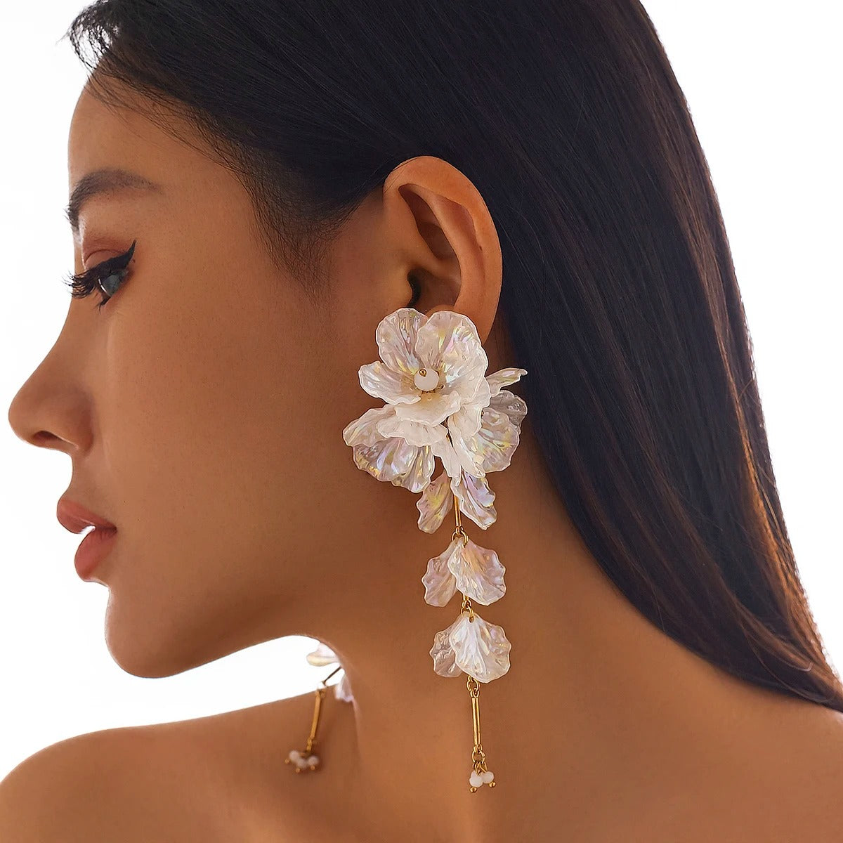 Elegant White Petal Flower Drop Earrings Women