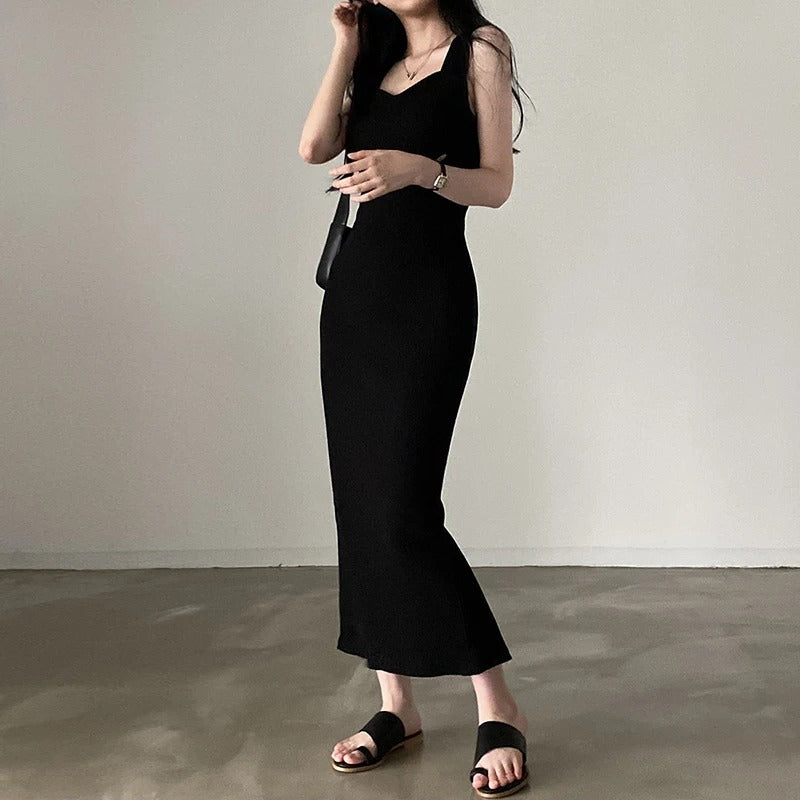 Basic Knit Long Dress Korean Fashion Square Collar Sleeveless