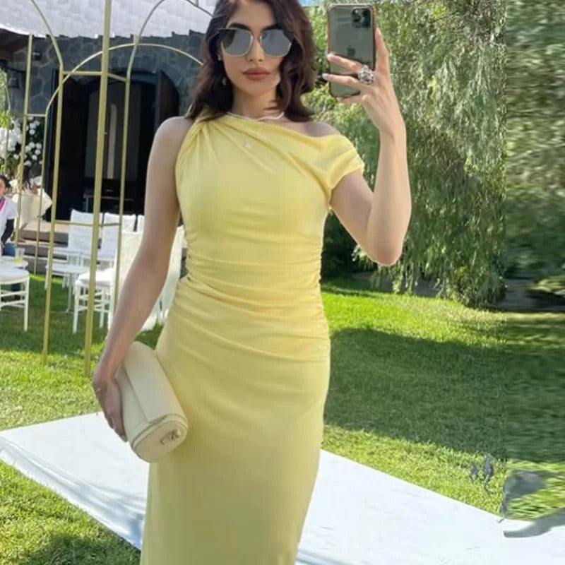 Yellow Women's Dress Sleeveless Asymmetrical Long Dresses