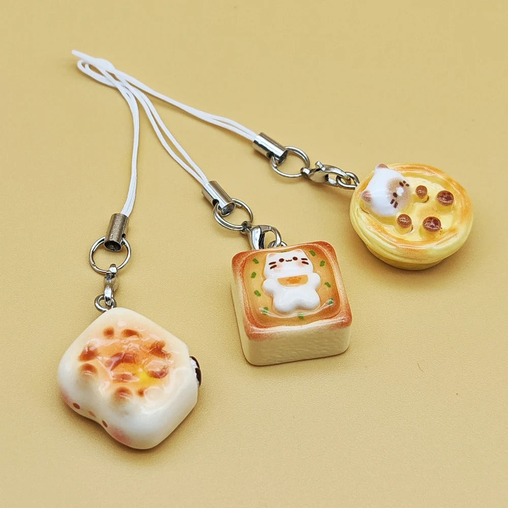 3pcs Set Japanese Style Cute Cat Bread Phone Keychains