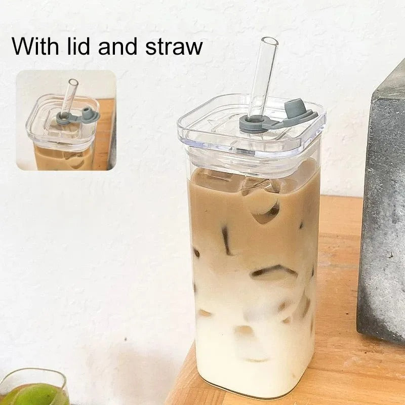 1Pcs Square Heat Resistant Coffee Glass Cup With Lid and Straw Transparent